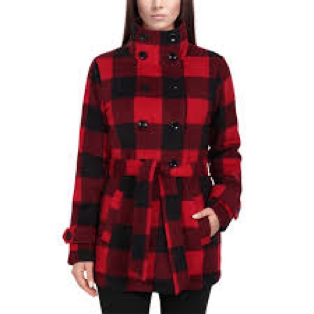 Ike Behar Red and Black Plaid Pea Coat. Small